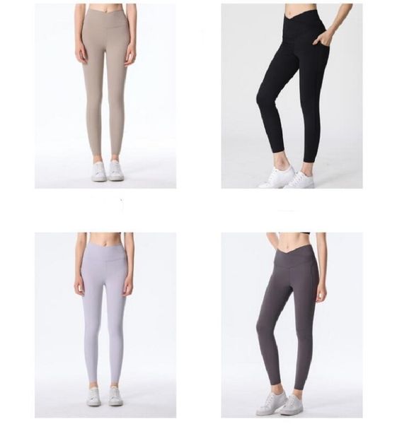 2023 LU Color sólido Pantalones de yoga para mujer Alineación de cintura alta Conjunto de fitness deportivo Medias Elásticas Fitness Deportes al aire libre para mujer Leggings de yoga Medias