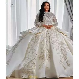 2023 Luxe Arabische Stijl A-lijn Bruidsjurken Lange Mouwen Plus Size Puffy Trein Prinses Glinsterende Pailletten Bruidsfeestjurken Robe De Marriage DHL