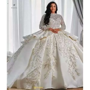 2023 Luxueux style arabe Une ligne Robes de mariée à manches longues Plus Taille Puffy Train Princesse Sparkly Paillettes Robes de mariée Robe de mariage DHL