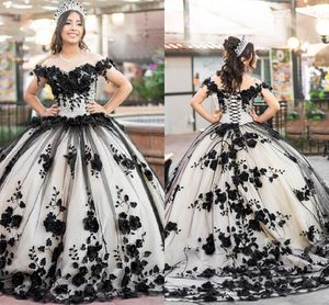 Elegant Black & Ivory Quinceanera Dresses 3D Lace Pearls Off-Shoulder Sweet 16 Gowns