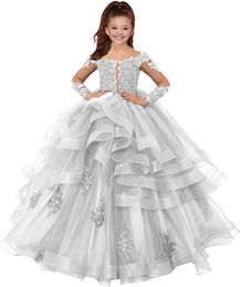 2023 Luxueux Dentelle Perlée Fleur Fille Robes Robe De Bal Tulle Manches Longues Tutu Lilttle Enfants Anniversaire Pageant Robes De Mariage ZJ5161