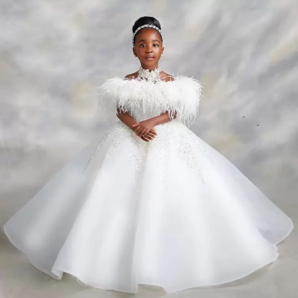 2023 Luxueux dentelle perlée robes de fille de fleur robe de bal cristaux de cou transparent Organza Lilttle enfants anniversaire Pageant robes de mariée