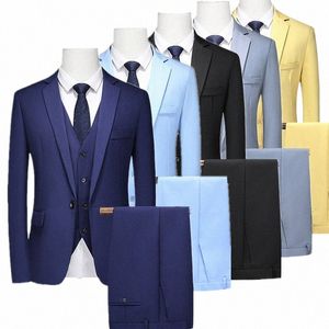 2023 Luxe 3 Stuk Klassieke Mannen Fi Slim Fit Solid Busin Casual Pak Pak Big Size Mannen Bruiloft sets Blazer + Broek + Vest Q7W6 #