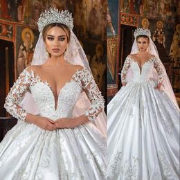 2023 Luxe Une Ligne Robes De Mariée Jewel Neck Illusion Dentelle Appliqued Manches Longues Perles De Cristal Robes De Mariée Sur Mesure Robe De Mariee Robe De Bal