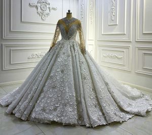 2023 Luxe Arabische Dubai trouwjurk illusie High Neck Rhinestone Crystal 3d Flowers Bridal Formele jurken Customed Vestidos de noiva