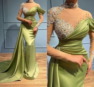 2023 Luxe kralen Mermaid Avondjurken Arabische Dubai Sheer Long Sleeve High Neck Lace Appliques Sequins Crystals Formele gelegenheid jurken Prom draagt ​​BC14856