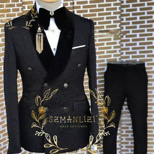 Traje de Jacquard negro de lujo para hombre, trajes de boda entallados con doble botonadura para hombre, esmoquin Formal para graduación y novio, pantalón Blazer de 2 piezas 2023