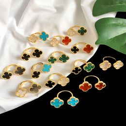 Bague trèfle de marque de luxe pour femmes, bague en Agate à Double fleur, à la mode, en or 18 carats, bijoux de styliste, 2023