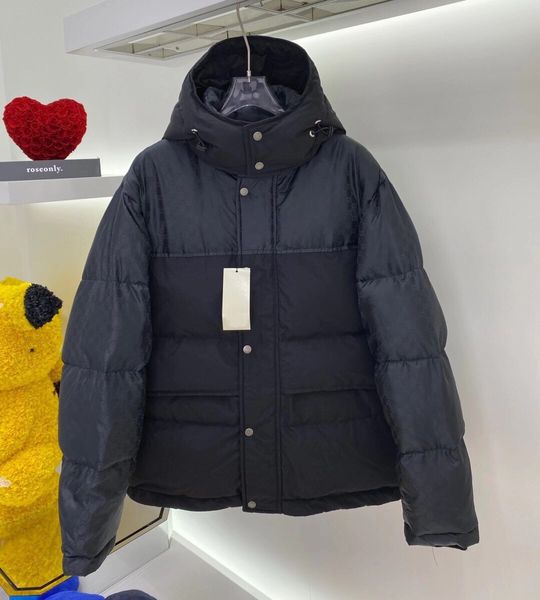 2023 Marque de luxe Hommes Nylon Court Down Veste Lettre Jacquard Noir Gris Designer Mâle Capuche Rembourrée Bouton Pression Poche Zippée Hiver Chaud Manteau D'extérieur