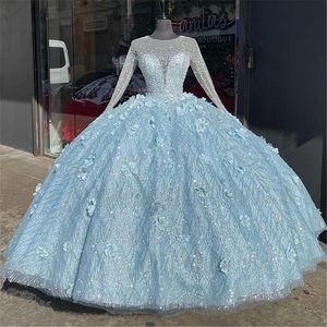 2023 Luxury kristallen kralen Quinceanera -jurken 3D bloemen applique glitter pailletten 15 jaren oud feest prom -jurken lange mouwen baljurk zoete 16 jurk