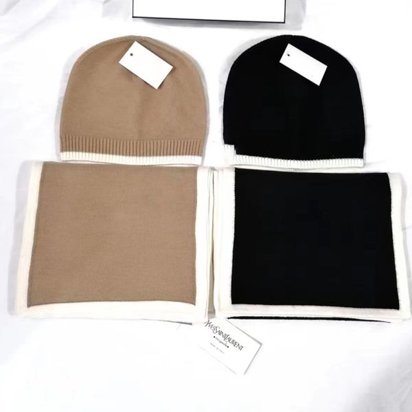 Ensemble bonnets et écharpe de luxe pour femmes, chapeaux tricotés noirs et kaki avec étiquette, vente en gros, bonne qualité, 2023, 160x260