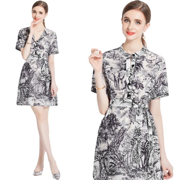 2023 Vestido de pasarela con estampado floral de lujo Moda de verano Manga corta Solapa de oficina Delgado Elegante Línea A Plisado Vestidos de diseñador para mujer Otoño Fiesta elegante Vestido de noche