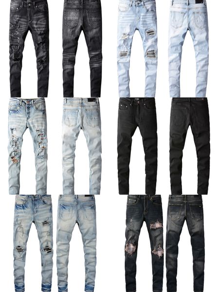 2023 Jeans de lujo Jeans diseñador para hombres para pantanos Hombre negro RIP RIP WHITE Patch Biker Snake Borde bordado 28-40