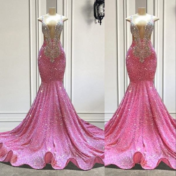 2023 luxe longues robes de bal sexy sirène scintillant rose paillettes filles noires cristaux perles illusion soirée formelle gala robes de soirée paillettes dentelle col en V profond