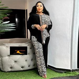 2023 Luxury nouveau dans les ensembles africains assortis pour les femmes Elegant Lady Evening Leopard Clothing Plus Taille Top et Pantal