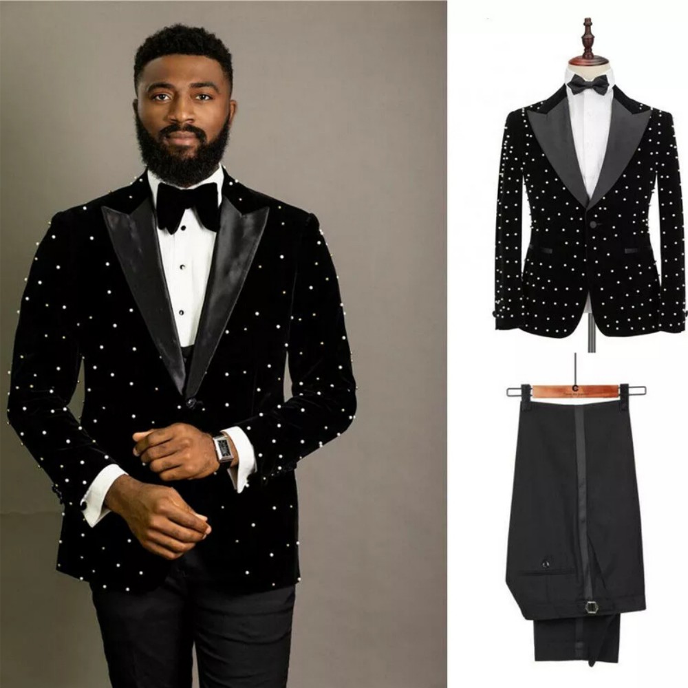 2023 Роскошные жемчужины Мужчины Комплект Slim Fit Black Velvet Свадебные смокинги 2 кусок африканский стиль куртка с брюками Groom Wear Plus Size Custum