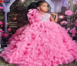 2023 Luxury Pink Organza Pageant Quinceanera Robes pour petites filles licou 3d fleurs florales en dentelle Flower Girl First Communion DR4559170