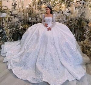 2024 Luxe Gezwollen Arabische Dubai Trouwjurk Vierkante Hals Lange Mouwen Kristal Kralen Geappliceerd Kant Vrouwen Bruidsjurken Hof Trein Nieuwe vestido De Novia