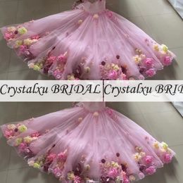 2023 Luxe Quinceanera Robe De Bal Robes Illusion Rose Hors Épaule Tulle 3D Floral Fleurs Étage Longueur Parti De Bal Robes De Soirée Image Réelle