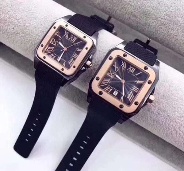 2023 Luxe Rise Gold WatchSquare Roman Femmes Hommes Montres 40mm 34mm Luxe Mode Bande de caoutchouc Mouvement à quartz Loisirs Classique Montres-bracelets Top Star Choice