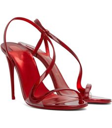 2023 Luxe vrouw sandaal rood lakleer Rosalie Sandalen 100mm hakken kalf lederen band sexy voeten sling back schoenen bruiloft jurk pompen met stofzak