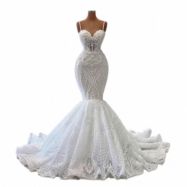 2023 Magnifique Mariage Dres Perles Perles Sirène Jolie Spaghetti Sangle Appliques Dentelle LG Robes De Mariée Zipper Retour Robe t5JY #