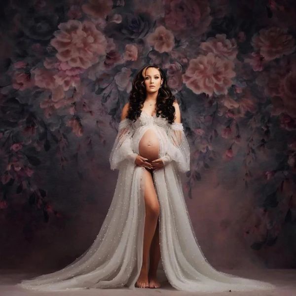 Robe de maternité en Tulle Transparent avec perles, accessoires de photographie, vêtements Sexy pour femmes enceintes, 2023, 240309