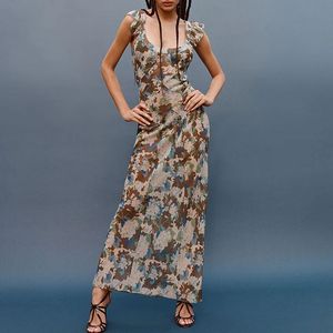 2023 Maxim Party Gedrukt Backless Slim Fitting Off Shoulder Ruffle Sleeve lang voor vrouwen Designer Dress
