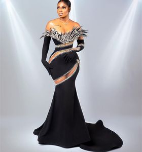 2023 Mai Aso Ebi Noir Sirène Robe De Bal Perlé Cristaux Sexy Soirée Formelle Partie Deuxième Réception Anniversaire Robes De Fiançailles Robes Robe De Soirée ZJ328