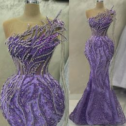 2023 mai ASO Ebi Lavender Sirène Prom Dress Crystals Crystals Lace Lace Night Formal Fête Deuxième réception Robes de fiançailles d'anniversaire Robe de Soiree ZJ171