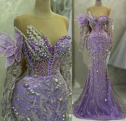 2023 Mai Aso Ebi Lavande Sirène Robe De Bal Cristaux Perlé Sexy Soirée Formelle Deuxième Réception Anniversaire Robes De Fiançailles Robe Robe De Soirée ZJ261