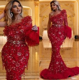 2023 May Aso Ebi Mermaid Red Prom Dress Beaded Crystals Lace Evening Fiesta formal Segunda recepción Cumpleaños Vestidos de compromiso Vestido Robe De Soiree ZJ276