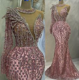 2023 May Aso Ebi Pink Mermaid Prom Dress Beaded Crystals Lentejuelas Lace Evening Fiesta formal Segunda recepción Cumpleaños Vestidos de compromiso Vestido Robe De Soiree ZJ265