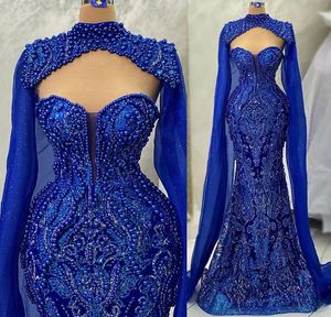 2023 May Aso Ebi Royal Blue Prom Dress kralen lovertjes Lace Mermaid Evening Formele feest tweede receptie verjaardag verlovingsjurken jurk robe de soiree zj174