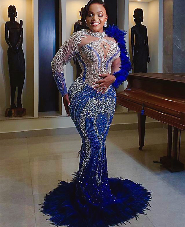 2023 May Aso Ebi Royal Blue Prom Dress Pärled Crystals Mermaid Feather Formal Party Party Second Reception födelsedagsengagemang klänningar klädrock de soiree zj337