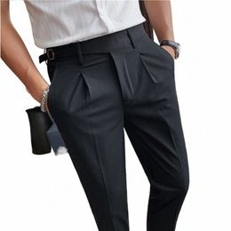 2023 Men Busin Casual Dr Pantals Men Belt Design Slim pantalon officiel Office Social Wedding Party Dr Suit Pant 28-38 W1VA #
