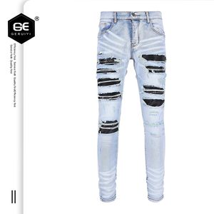 2023 Men Jeans Pant Tide Brand Borduurde Bear Applique Patch Patch High Street Men's Stretch Slim Pants