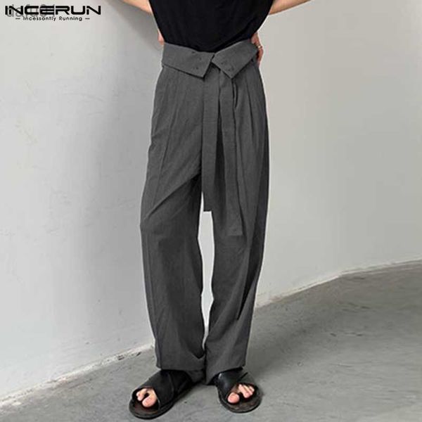 Pantalones de hombre 2023, ropa de calle de cintura alta de Color sólido, pantalones rectos informales con cordones y botones, pantalones de moda coreana para hombre, S-5XL INCERUN L230520