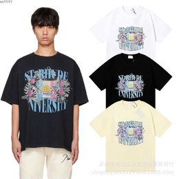 2023 Moda masculina e feminina camiseta Br Rhude s bandeira americana estampa floral em torno do pescoço manga curta para homens mulheres casais camisa de fundo solta metade 04z5