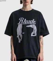 2023 Heren- en damesmode T-shirt Br Rhude S Night Cat Print High Street Korte mouw losse ronde nek paar TDD's