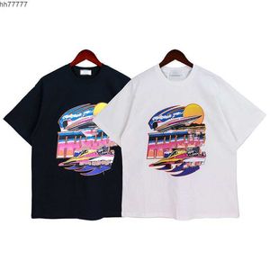 2023 T-shirt moda uomo e donna Br Rhude s American Sunset Yacht Lettera colorata Stampa allentata Versatile Stessa manica corta So6p