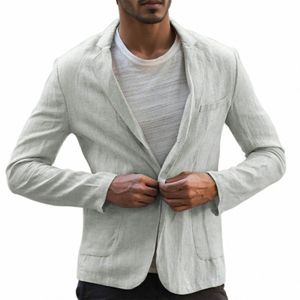 2023 Blazer pour hommes Veste Printemps Eté Solide Slim Casual Busin Mince Respirant Blanc Cott Lin Costume Manteau Mâle Veste c4D2 #