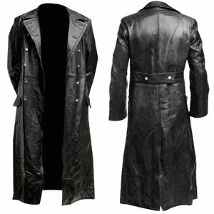 2023 Uniforme militaire classique allemand de la Seconde Guerre mondiale pour hommes, trench-coat en cuir véritable noir 01cU #