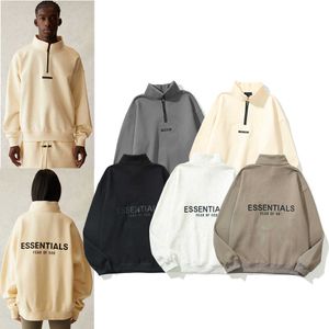 2023 Herenhoodies Essentialsweatshirt Sweatshirts Puur katoenen jack Mist Dubbele draad Terug Bedrukt Trui met halve ritssluiting voor mannen en vrouwen Zld2