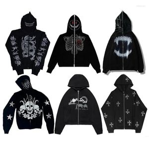 2023 Hommes Hoodies Y2K Strass Squelette Femmes Gothique Noir Zip Up Sweats Surdimensionnés Automne Femme Harajuku Veste À Capuche Streetwear