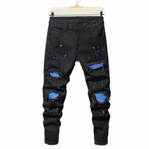 2023 Heren Jeans Cool Gescheurde Skinny Broek Stretch Slanke Denim Broek Patchwork Hip Hop Zwart Blauw Casual Jogging Jeans voor Mannen 82dC #