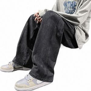 2023 Jeans pour hommes coréen Versi étudiant pantalons décontractés haute rue droite ample jambe large jean noir gris bleu Baggy jean C3TB #