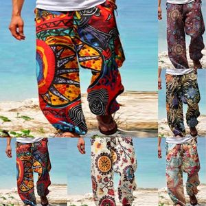 2023 Herenbroek Zomer mannen Baggy Casual Gedrukt Design Wide Been Trousers Retro Vintage Beach Hawaiian Loose Man Streetwear