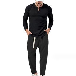 2023 Survêtements pour hommes Automne Henley Cou Chemise À Manches Longues Hommes Style Mature Costumes Couleur Unie À Lacets Pantalon De Poche Mâle Casual Deux Pièces Ensembles