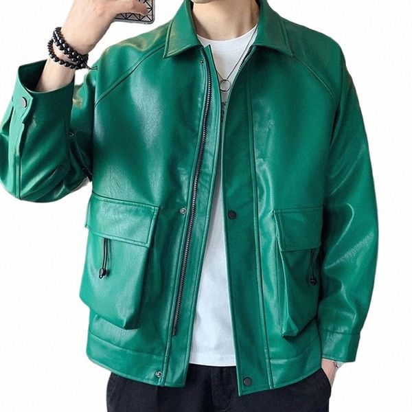 2023 Vestes de moto surdimensionnées en faux cuir pour hommes Tendance masculine High Street Big Pockets Bomber PU Manteaux verts Vêtements d'extérieur A1TL #